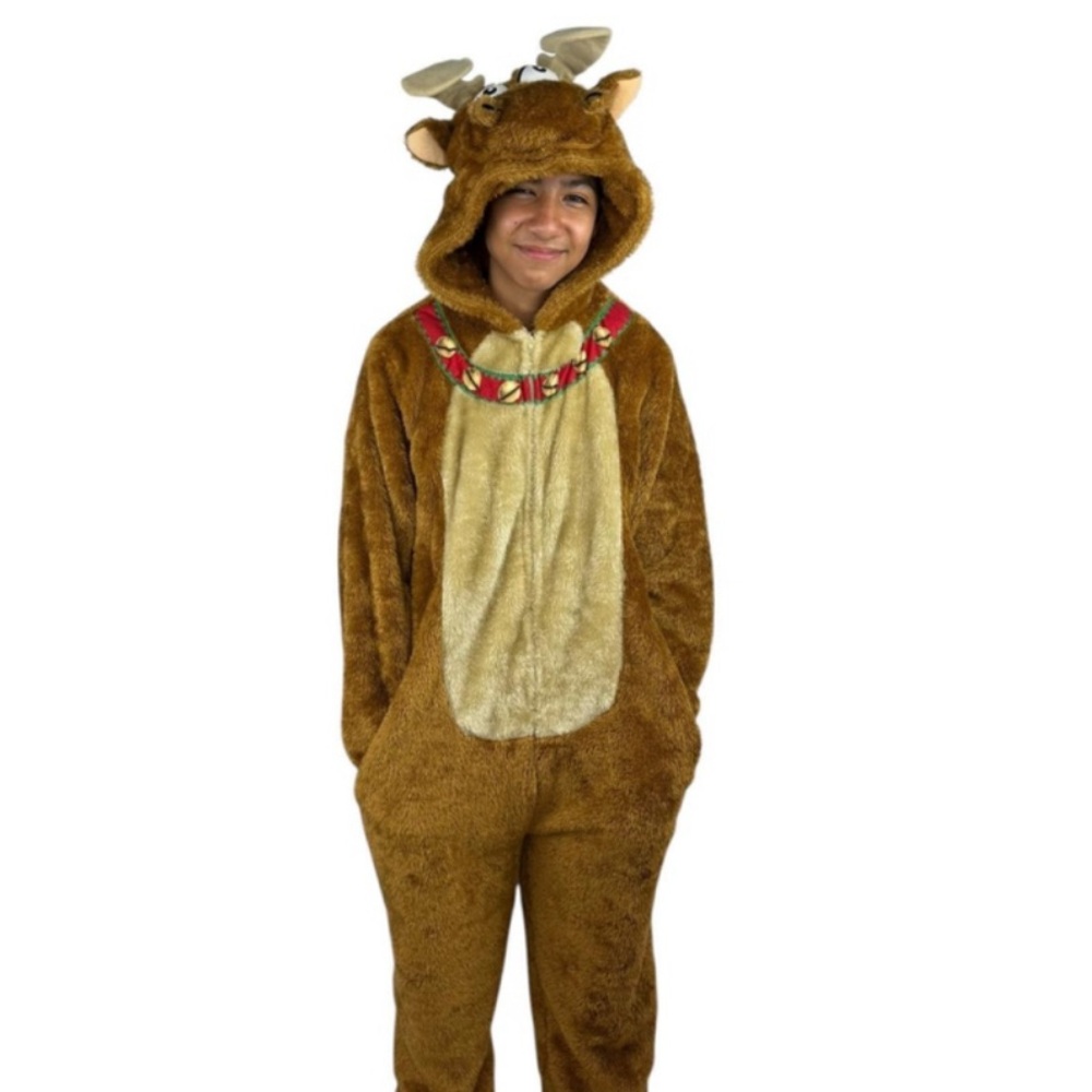 Briefly Stated Reindeer Moose Onesie L Brown Hooded Pajamas Christmas Costume